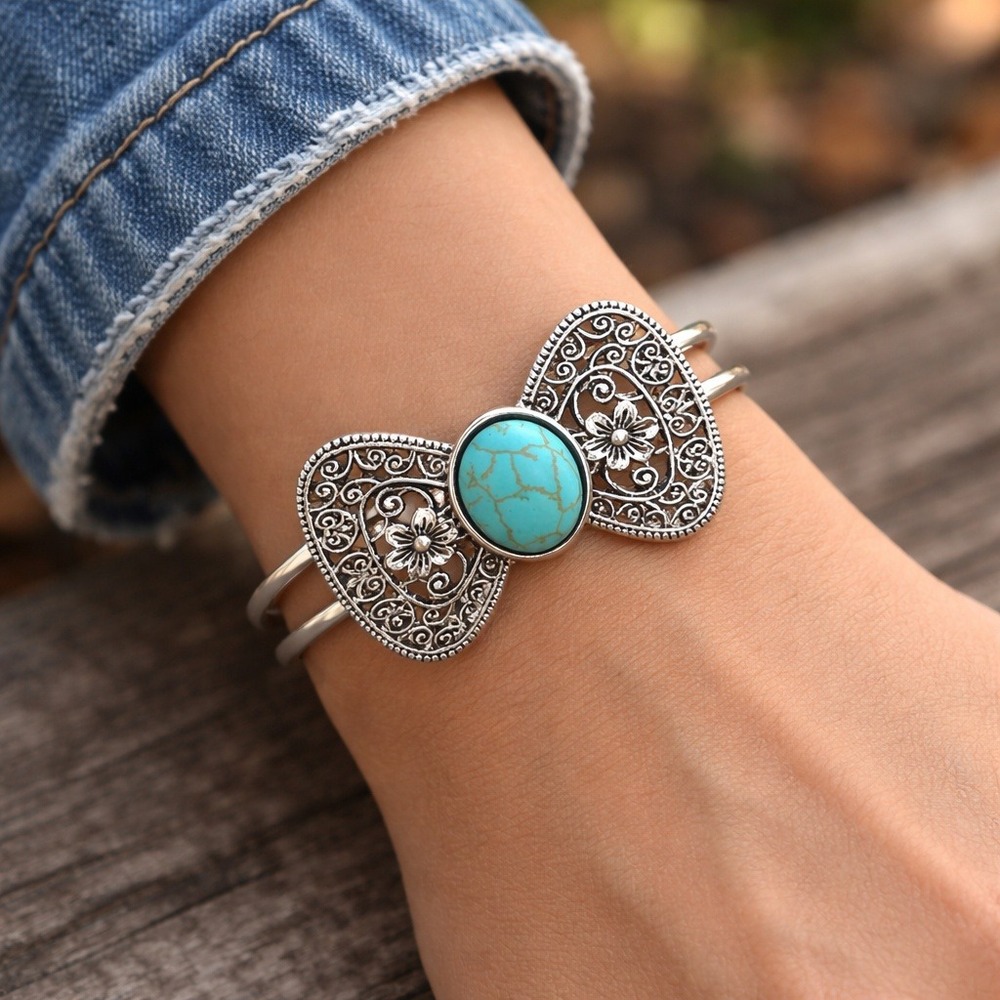 Silver Tone‎ Filigree Bow Cuff Bracelet Faux Turquoise Stone Hinge Bangle Womens